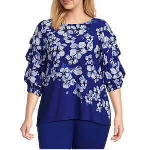 Slim Factor Investments Cascading Floral Print Tiered Sleeve Shirt Plus Size 2X
